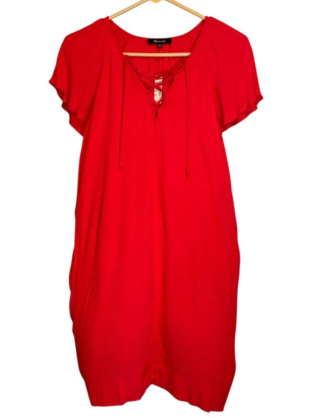 NWT Madewell Dress Womens Pullover Sheath Flutter Sleeve Lace Up V-Neck Red XS